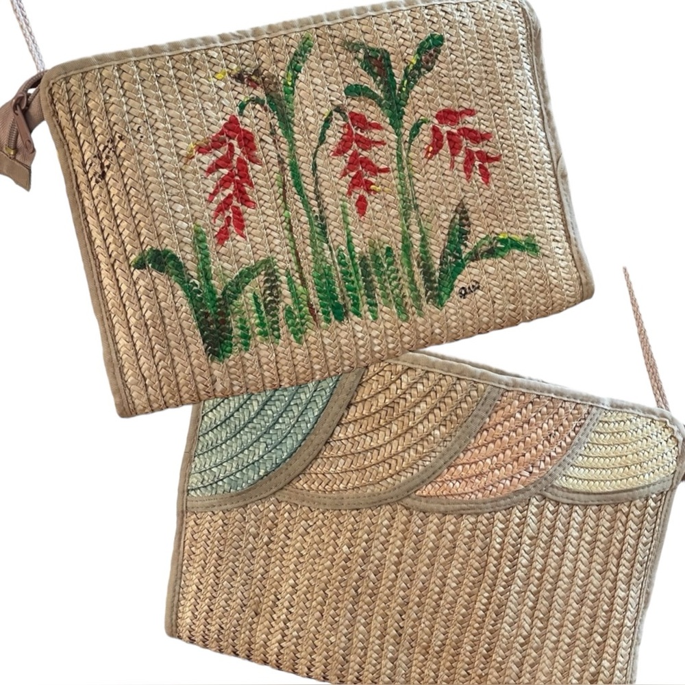 Vintage 70s double sided art straw handbag hand painted floral pastel